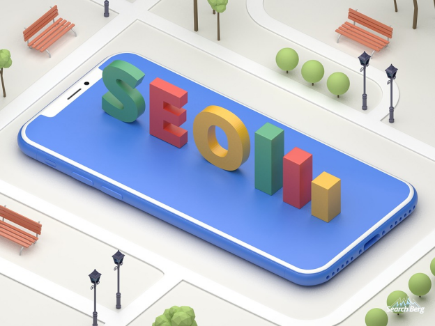 graphic design of a phone screen displaying three-dimensional text that reads “SEO”