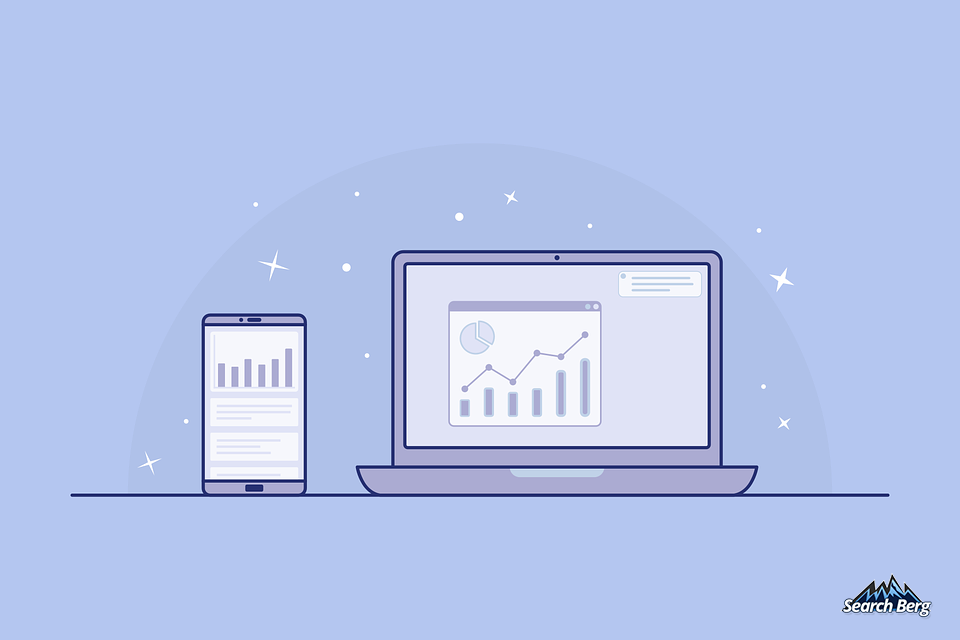 concept illustration of digital marketing metrics on a laptop and phone screen