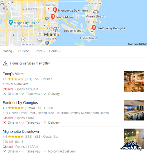 Google 3-Pack for restaurants in Miami