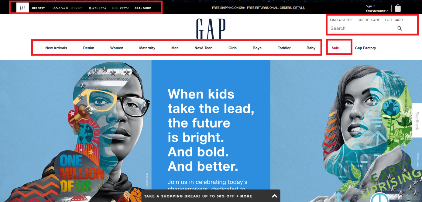 GAP website with simple navigation to reduce bounce rate 