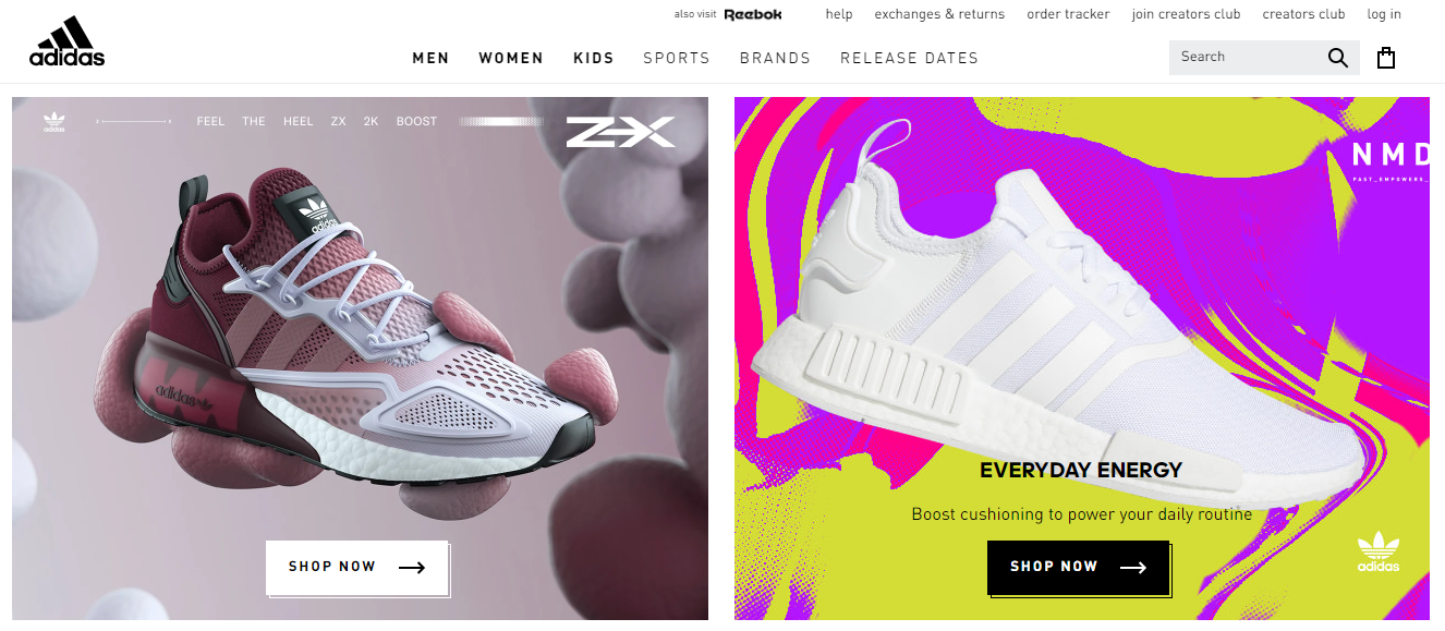 Adidas website with great design to reduce bounce rate
