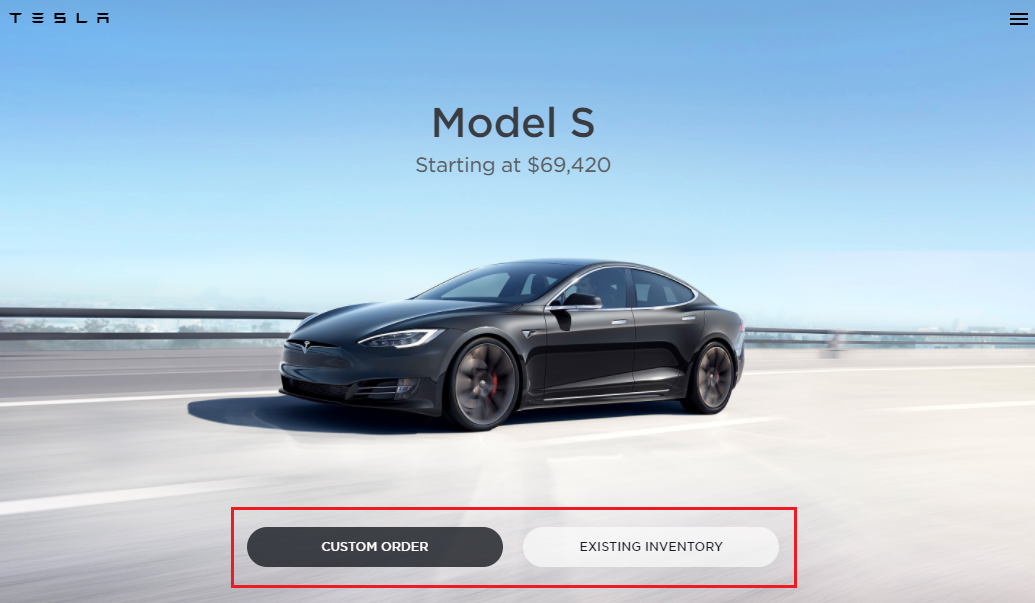 Tesla’s home page featuring CTAs