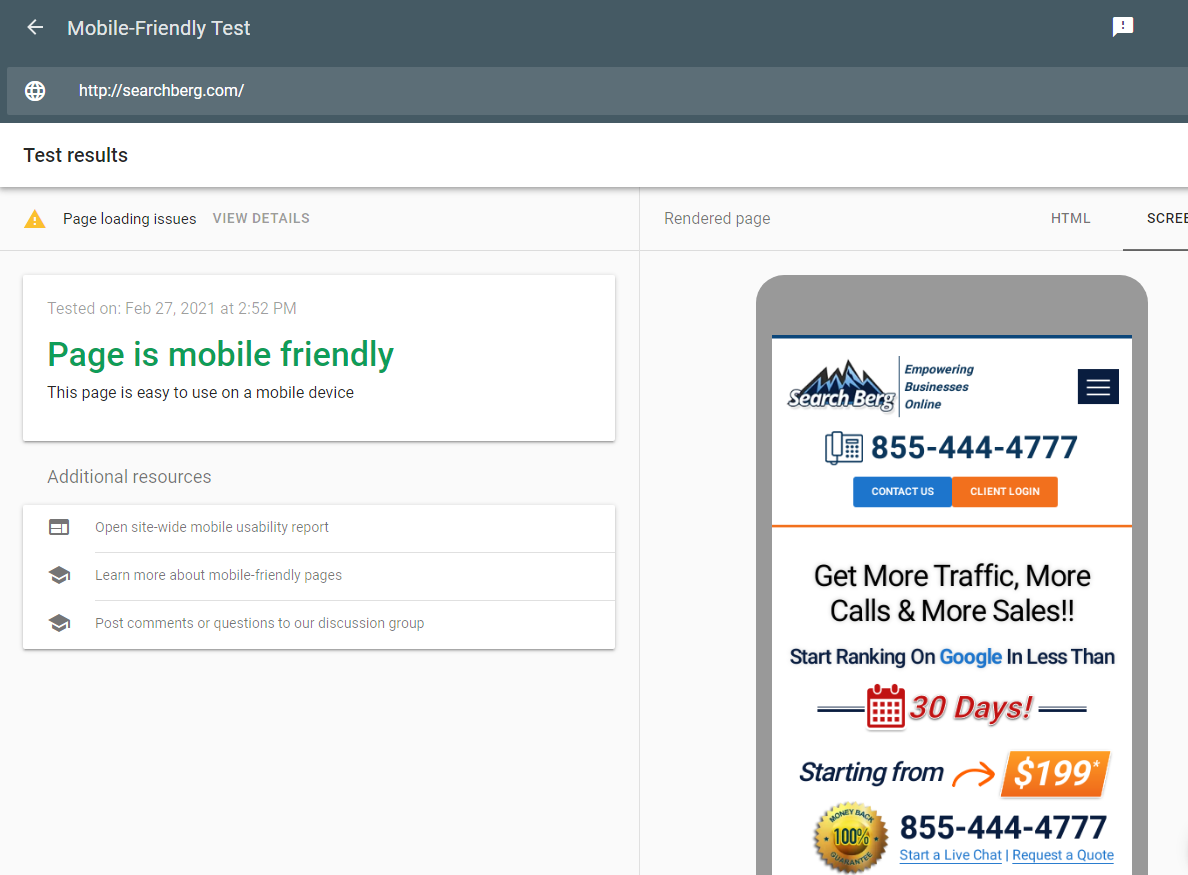 screen shot of mobile friendly test tool through Google to help improve mobile friendliness and increase Domain Authority