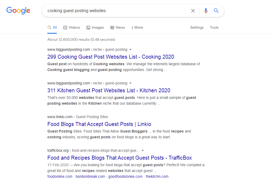 Screenshot of Google search to find relevant guest posting sites