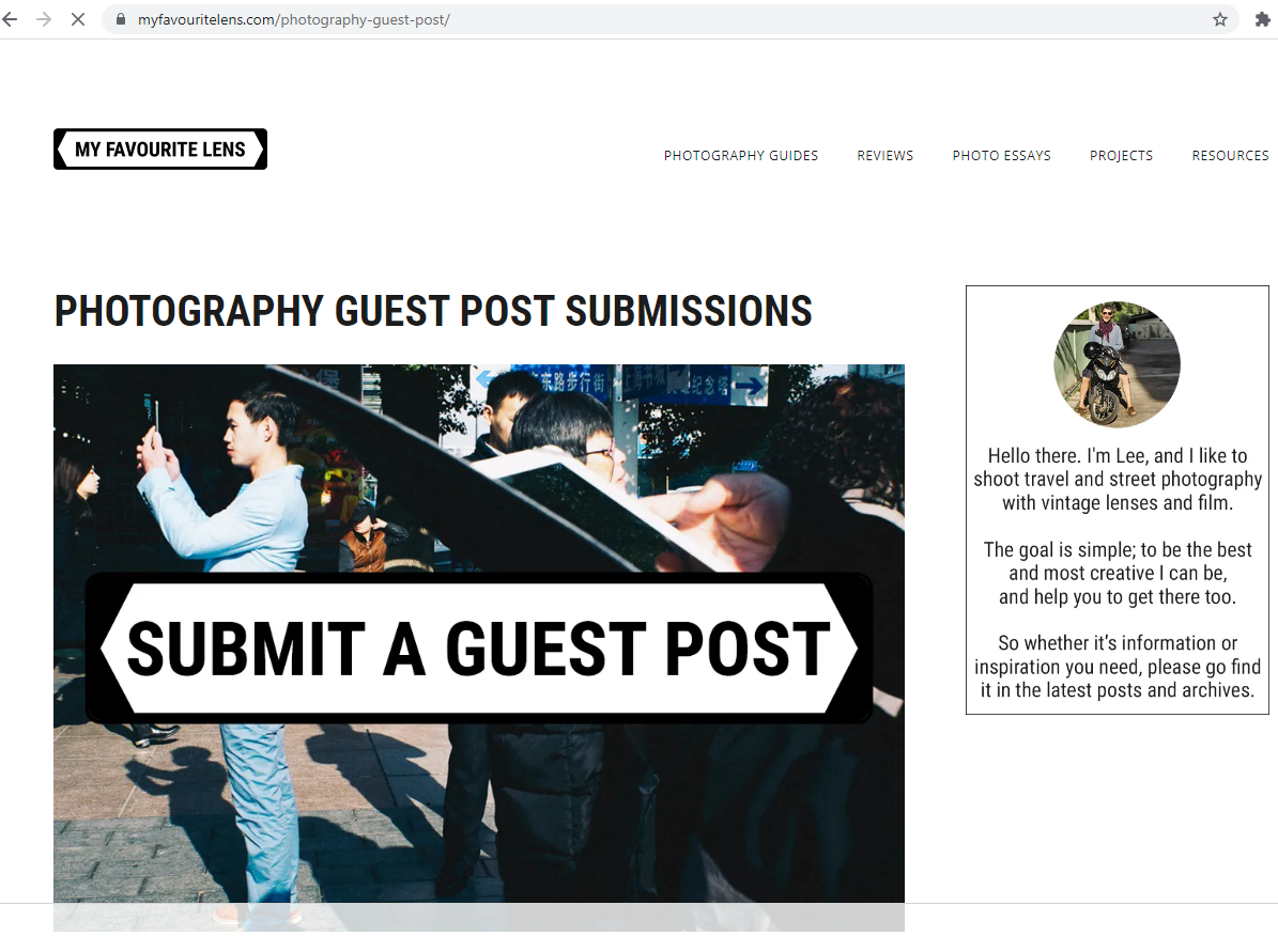 screenshot of example guest post page for the photography niche