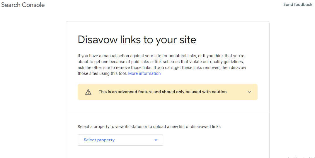 screenshot of Disavow tool from Google for backlinks which helps improve website Domain Authority by removing irrelevant, low-quality links