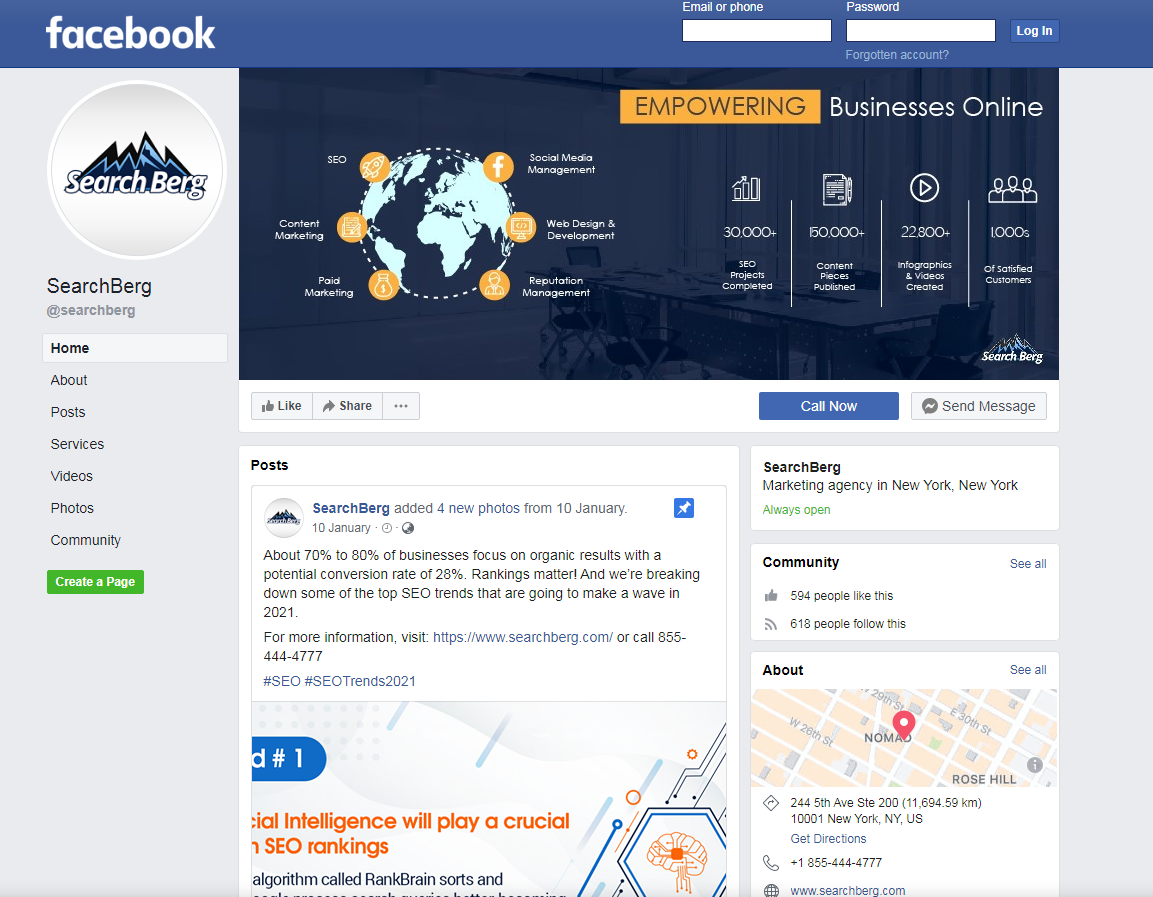 Screenshot of Searchberg Facebook page