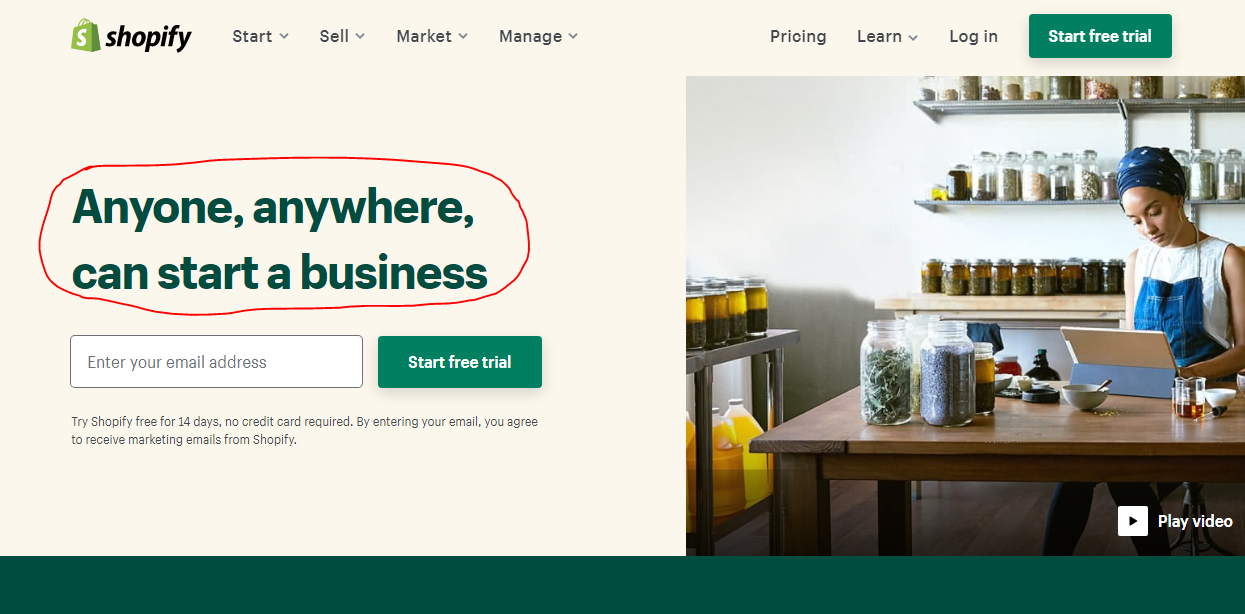 The Shopify home page which shows their slogan that anyone, anywhere can start a business online