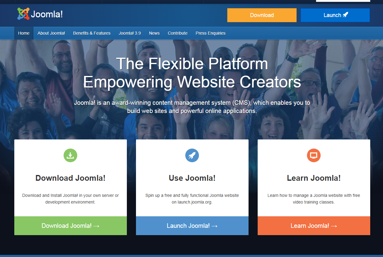 The Jooma CMS home page showing three options: to download, use, and learn Joomla.