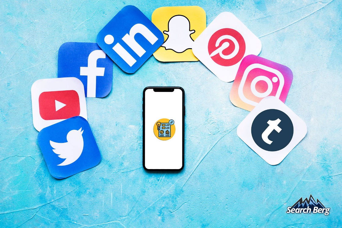 social media platforms next to a phone with an infographic