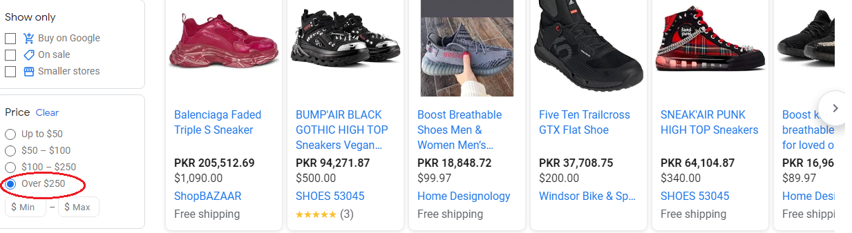 Product listing ads example with filters