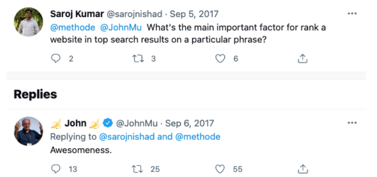 John Mueller's tweet about Google ranking factors
