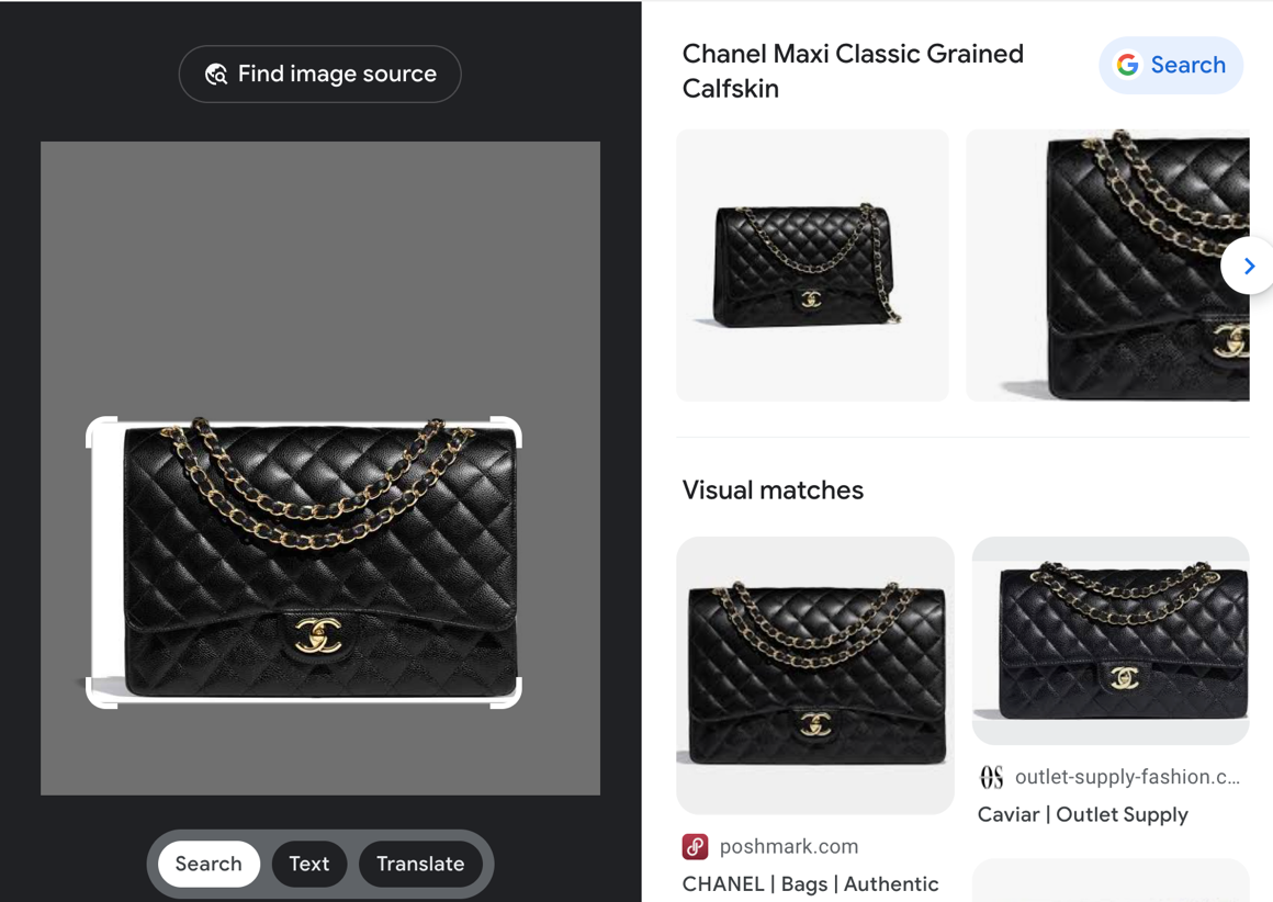 A visual search of a popular Chanel bag revealing multiple results