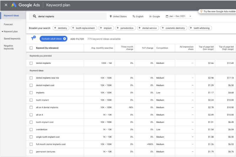 finding relevant keywords for a business using Google Keyword Planner