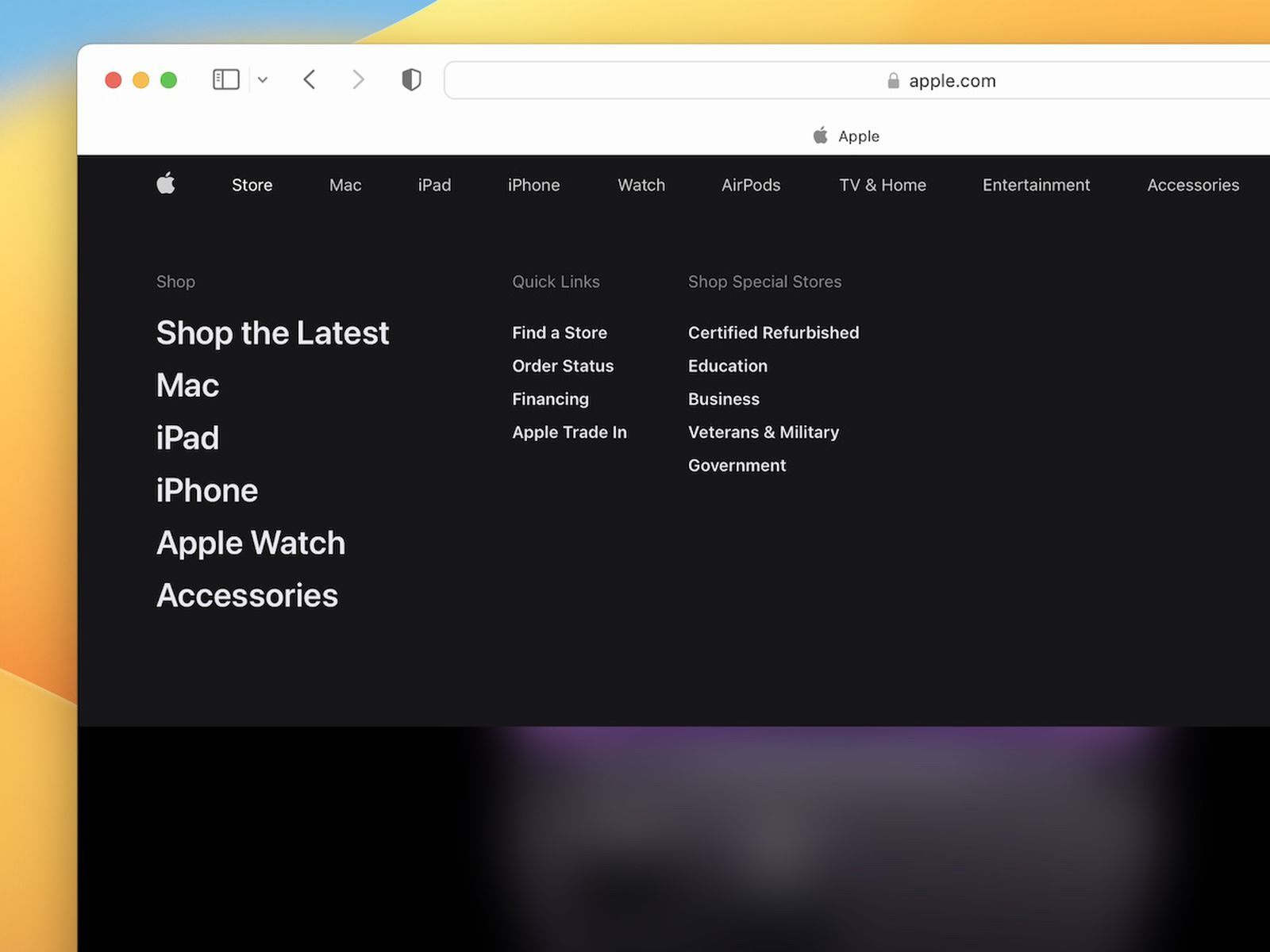The drop-down menu navigation on the Apple website