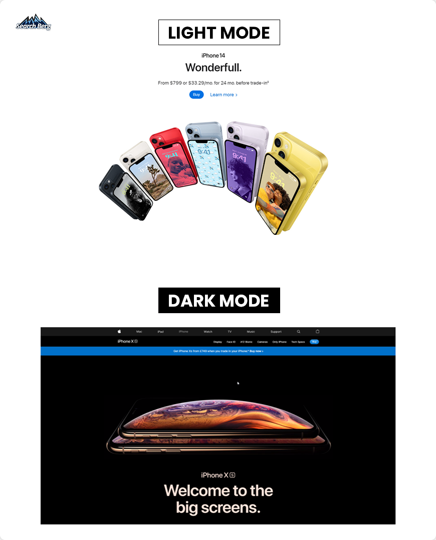 Two screenshots of Apple web pages in light and dark modes