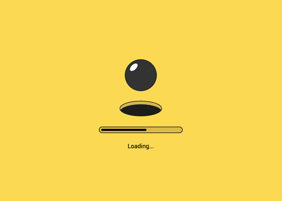 A loading screen animation showing a ball disappearing and reappearing