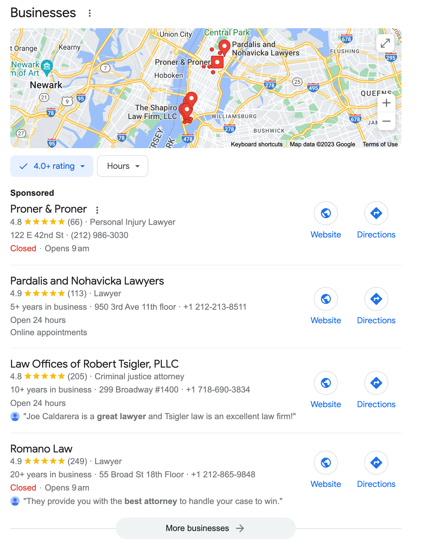 Google Local 3-Pack for best lawyers in NYC