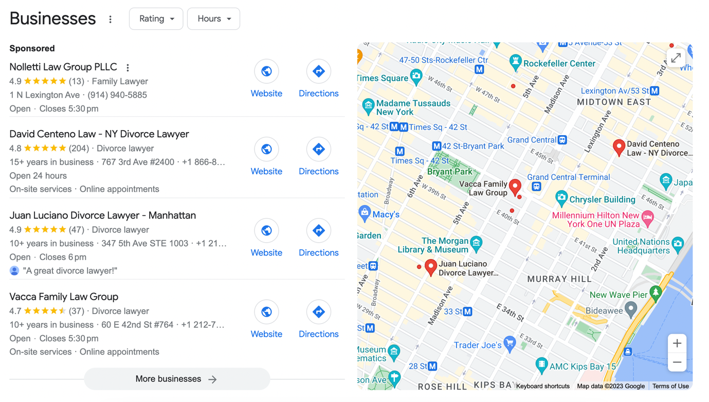 the Google Local 3-Pack for "divorce lawyers in New York"