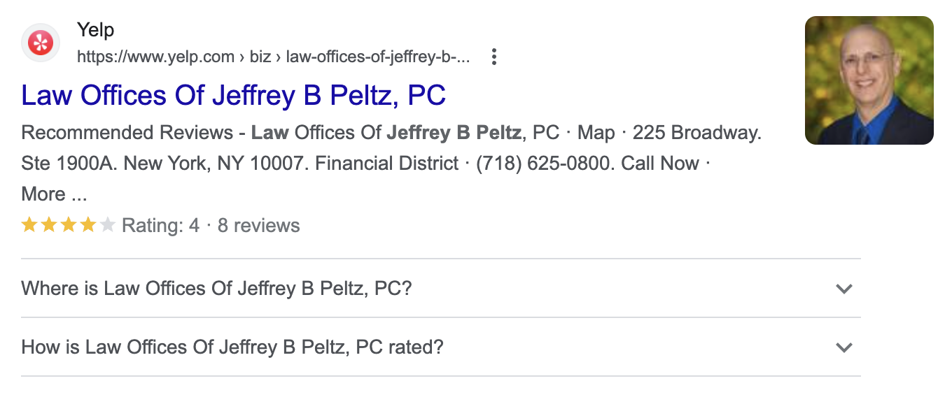 Google search result featuring Law Offices of Jeffrey B Peltz