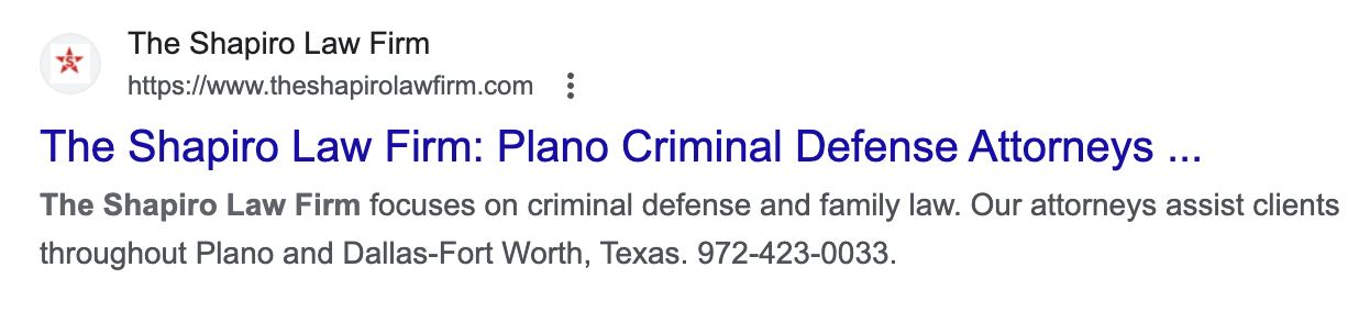 Google search result of the title, meta description, and URL for The Shapiro Law Firm