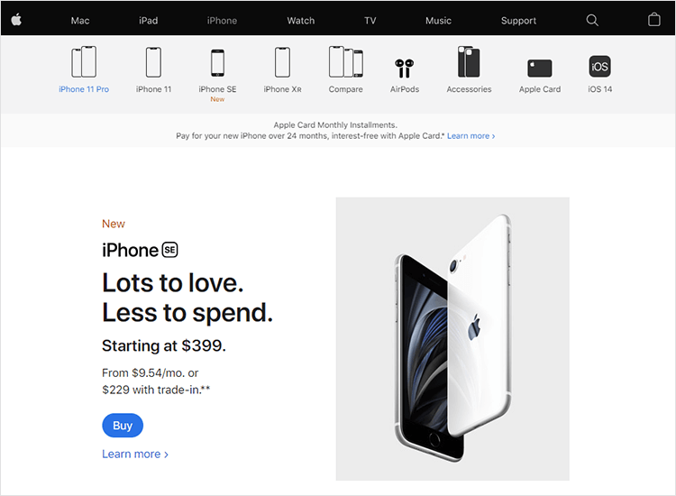 Screenshot of the iPhone SE product page on the official Apple website