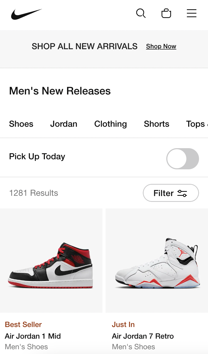 Nike's website's mobile version