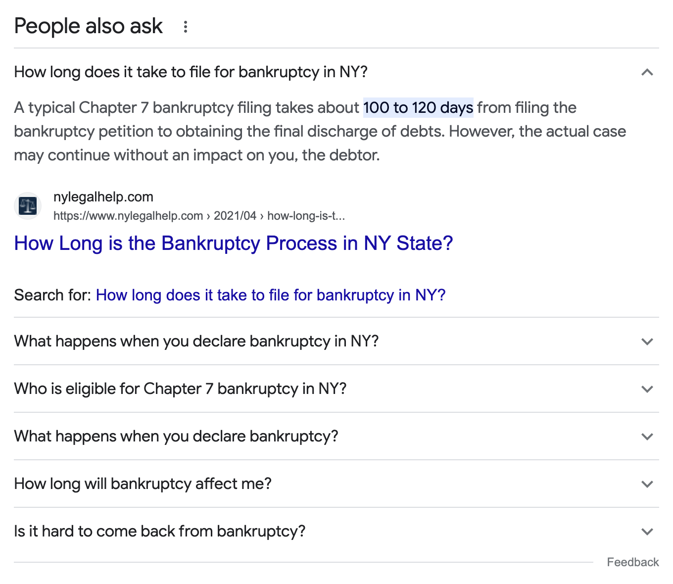People Also Ask box for how to file for bankruptcy in New York
