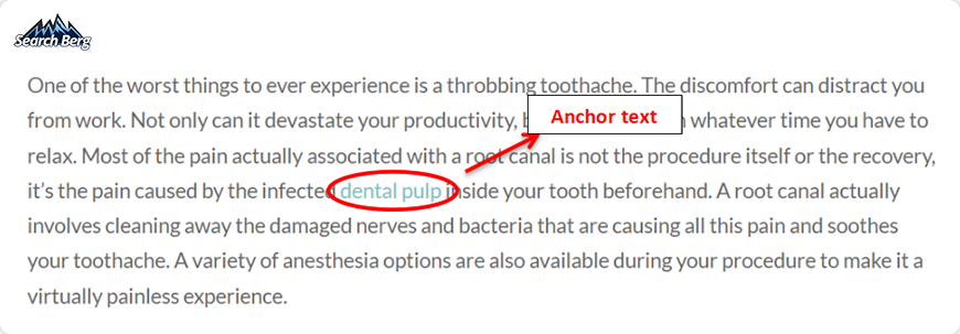 A screenshot highlighting a “dental pulp” anchor text