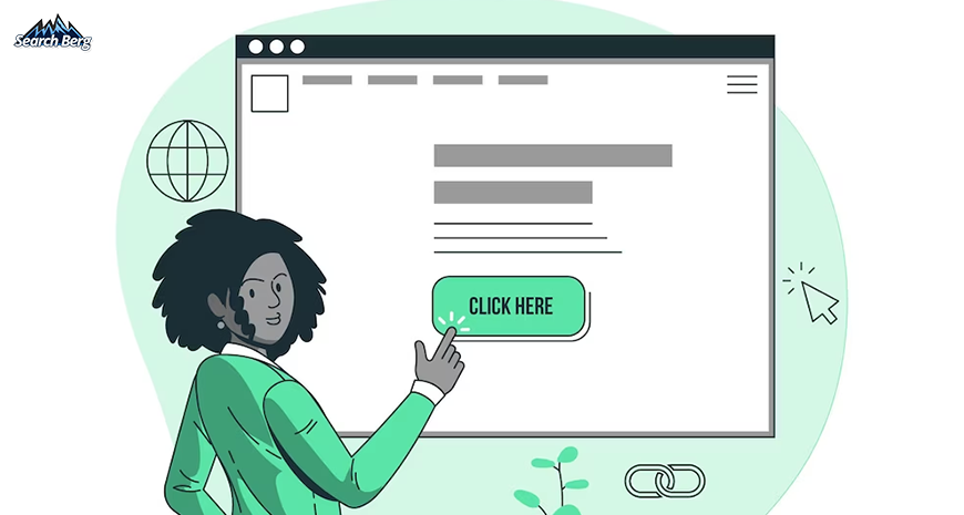 custom illustration of a woman clicking on the click here button on a web page