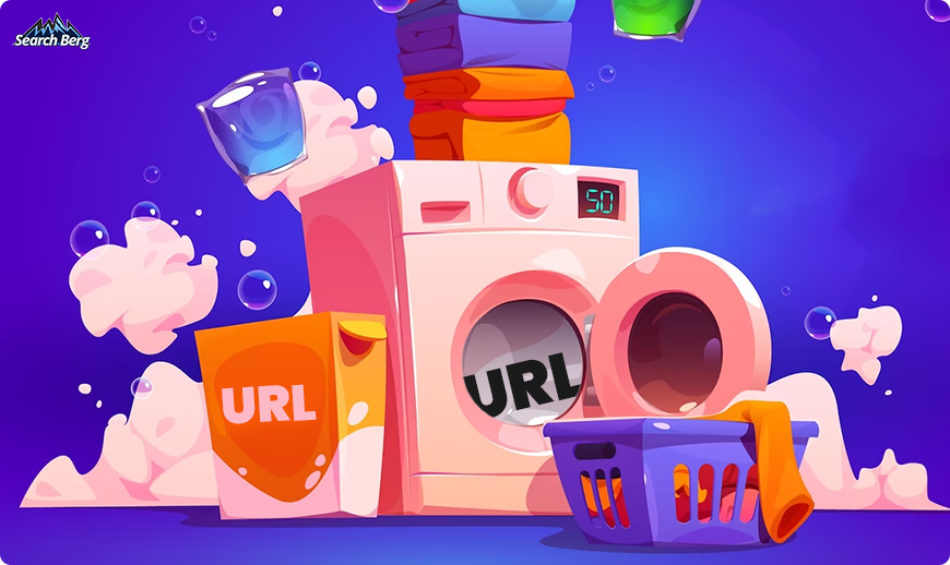 a concept illustration featuring URLs in a metaphorical washing machine