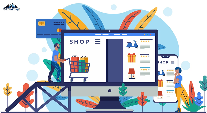 a concept illustration of an eCommerce website that opens seamlessly across a desktop computer, laptop, and smartphone