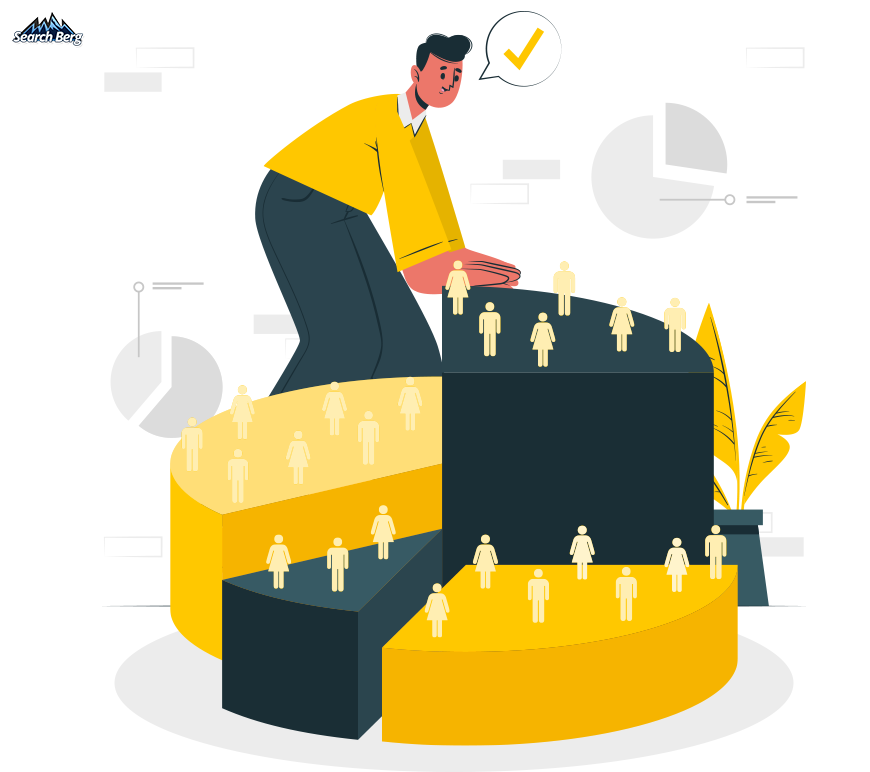 a concept illustration of a pie chart with web users and selecting the pie with the right target audience