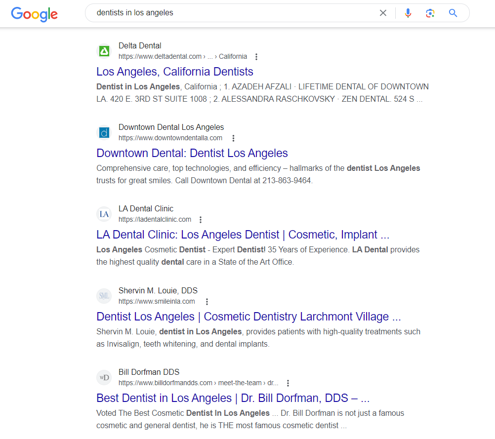 A screenshot of the top Google rankings for the search query “dentists in Los Angeles”