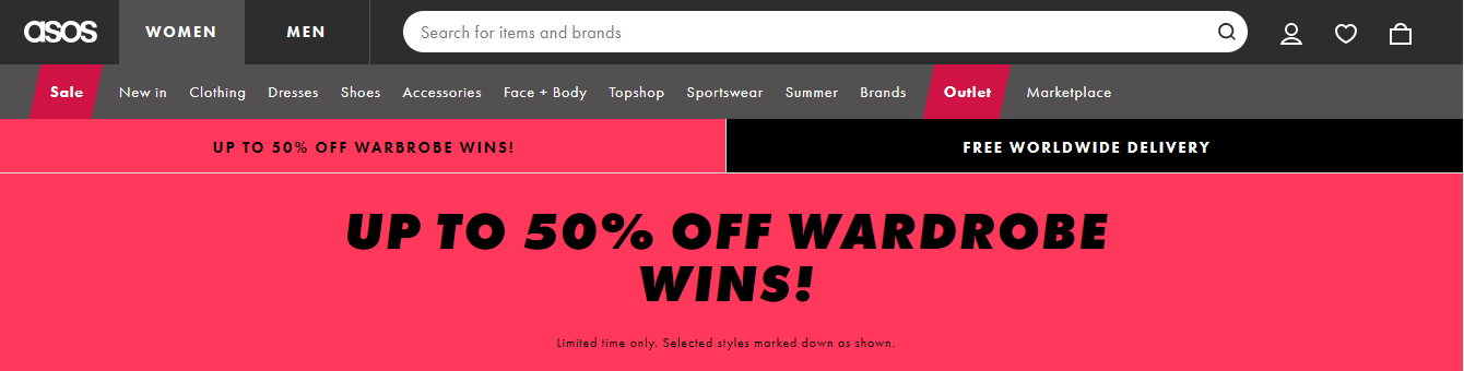 product categories and service pages on ASOS’s homage