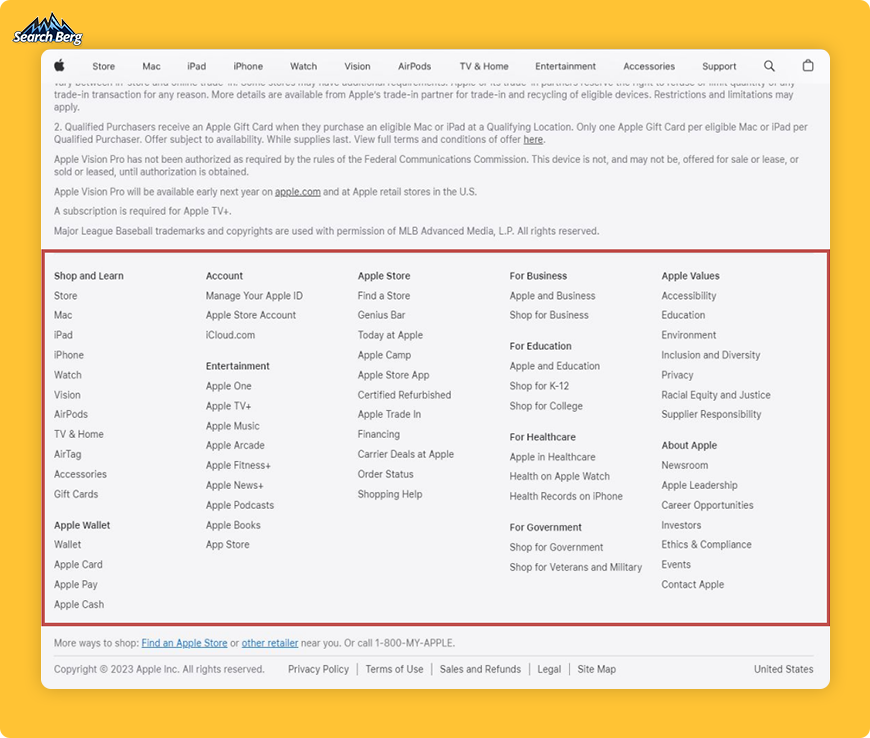 a screenshot of the footer on Apple’s homepage