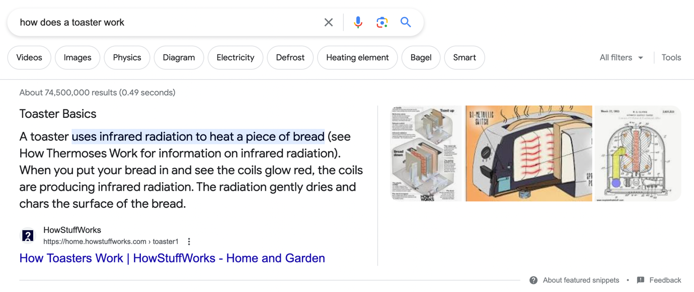  a featured snippet for the Google search "how does a toaster work?"