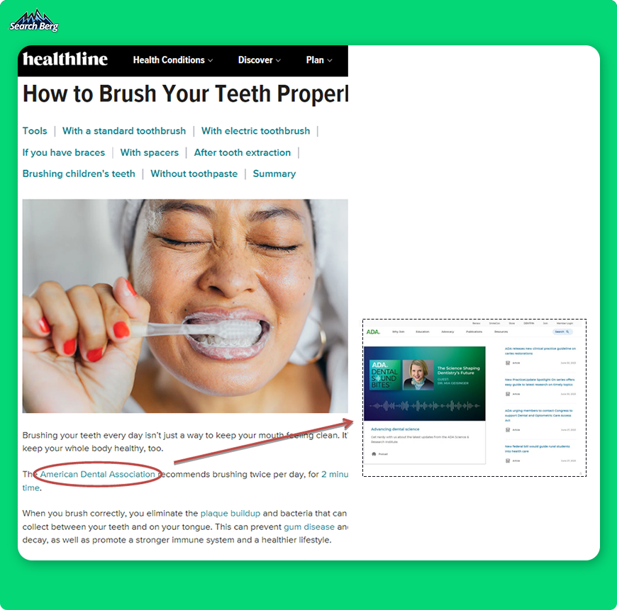  a screenshot of anchor text in a Healthline article about brushing teeth