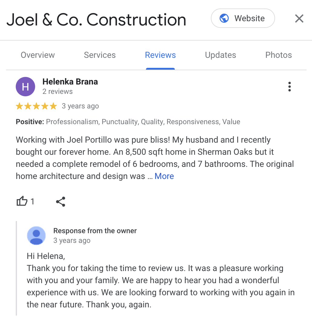 Joel & Co. Construction's Google Business Profile reviews and responses