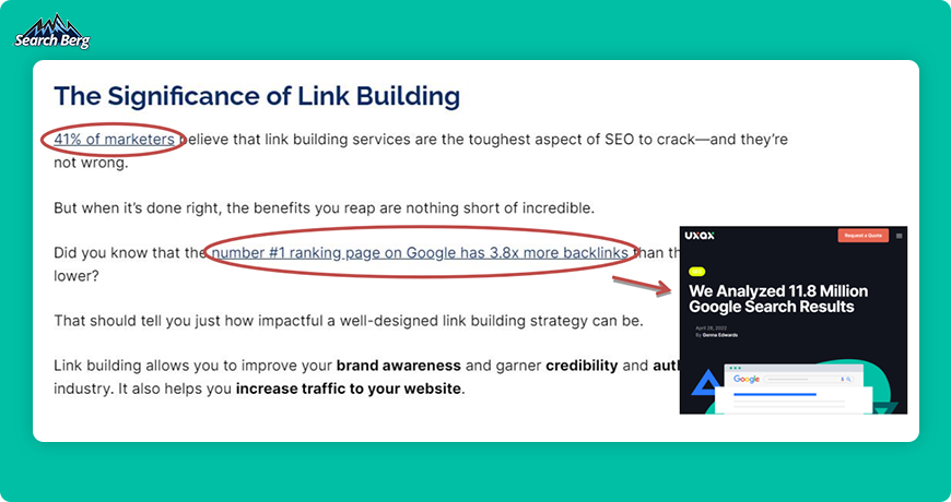  screenshot of statistic anchor texts in a Search Berg blog about link-building