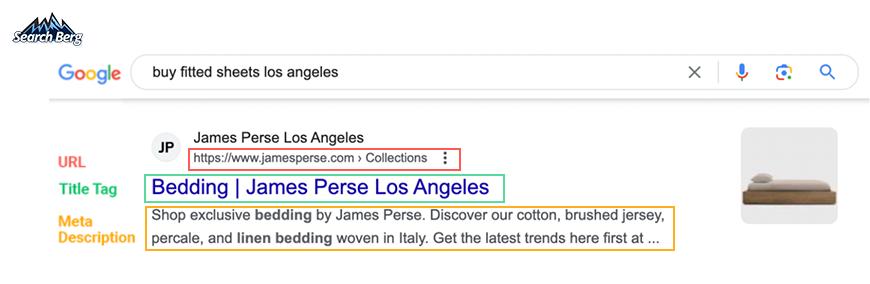 URL, title tag, and meta description for the search query "buy fitted sheets Los Angeles"