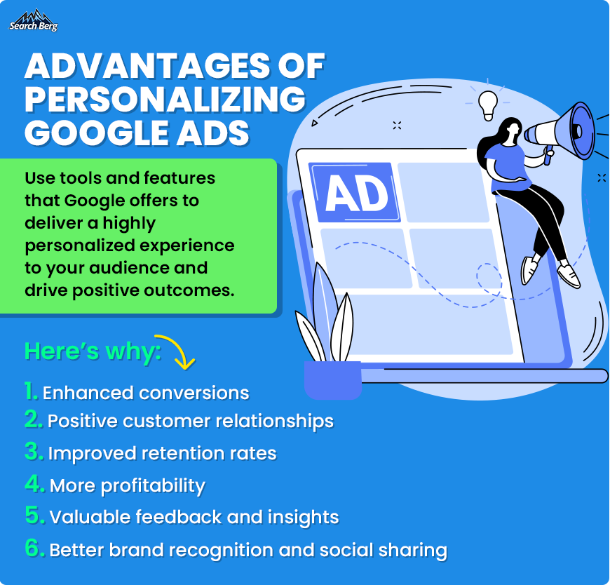 An illustration listing the benefits of personalization on Google Ads