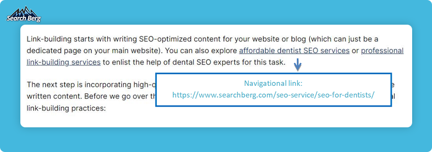  navigational links in a Search berg blog about Dentist SEO