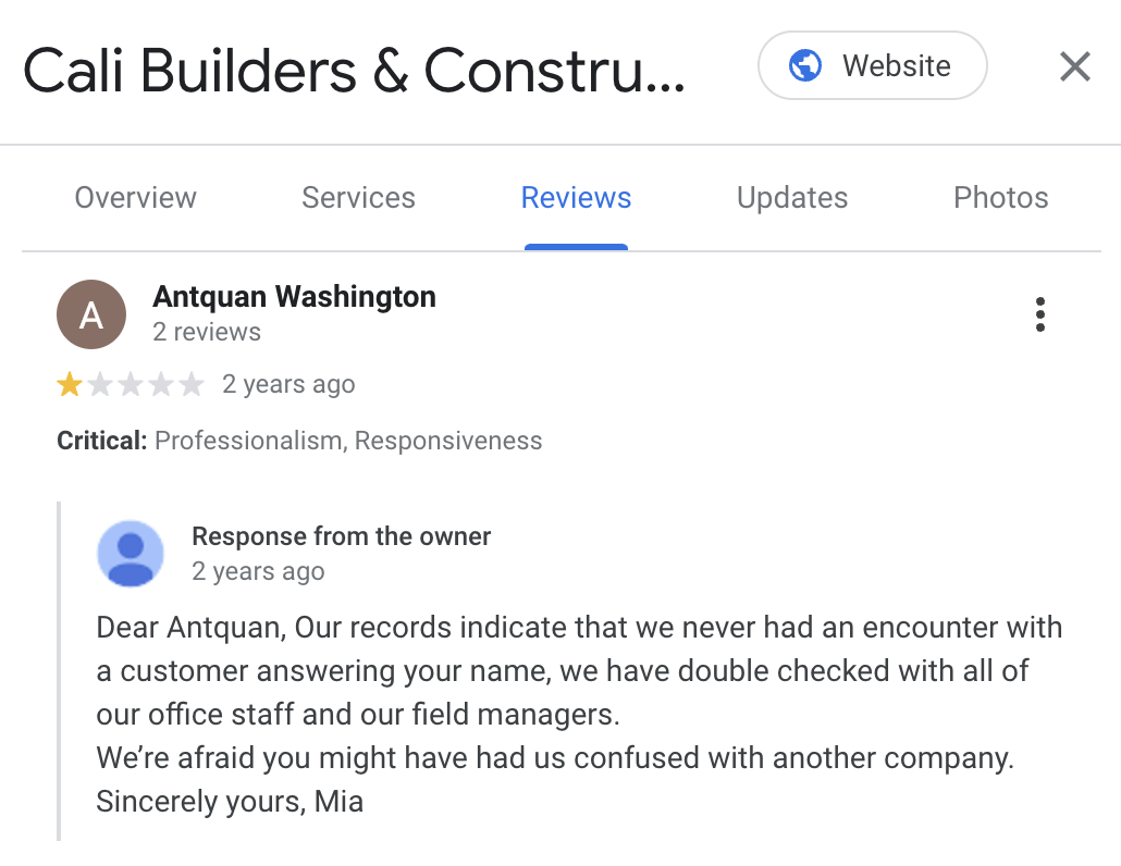 a false rating on Cali Builders & Construction's Google Business Profile