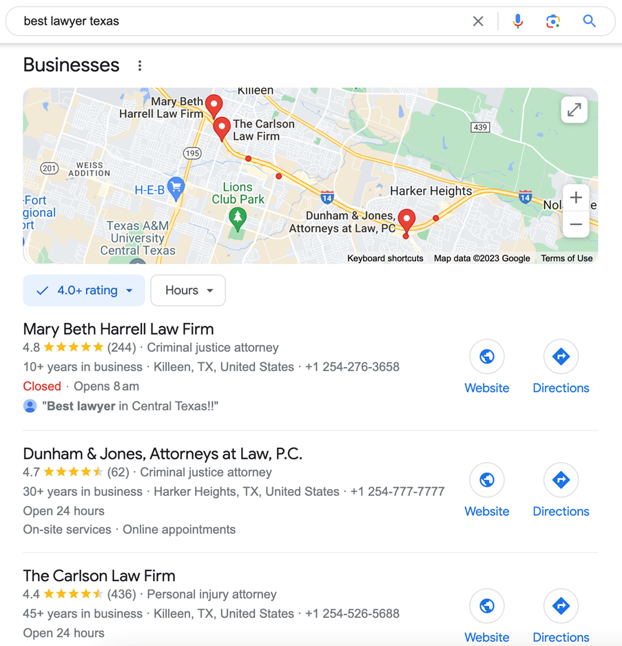the Google Local 3-Pack for "best lawyer Texas"