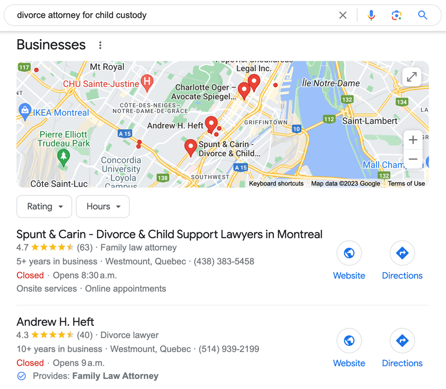 the Google Local 3-Pack for "divorce attorney for child custody"