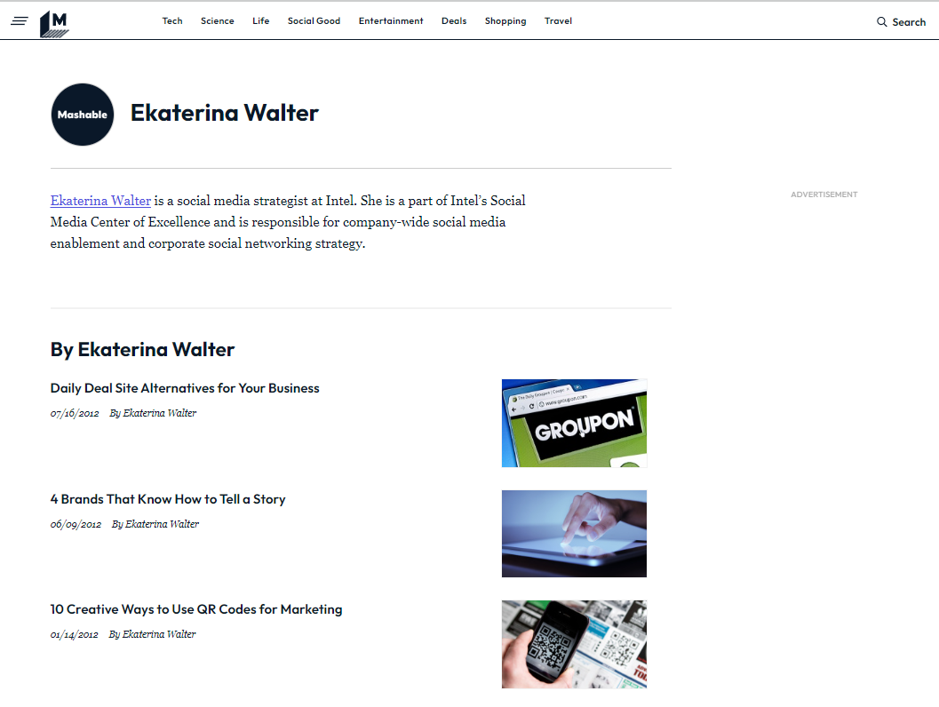 Mashable, a popular guest-blogging site, showing guest blogs by Ekaterina Walter, the social media strategist for Intel