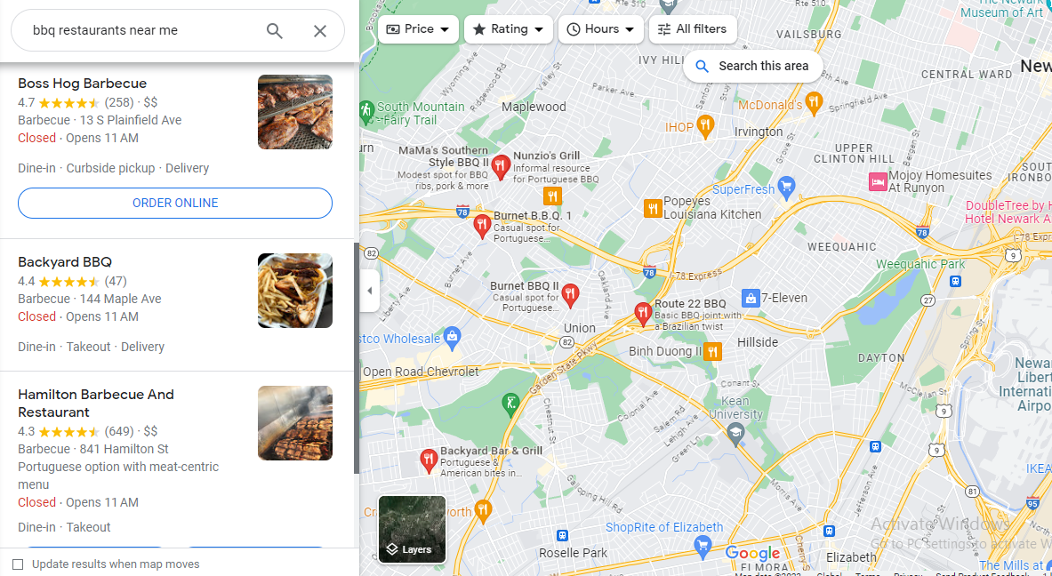  Results of a Google Maps page showing BBQ restaurant profiles