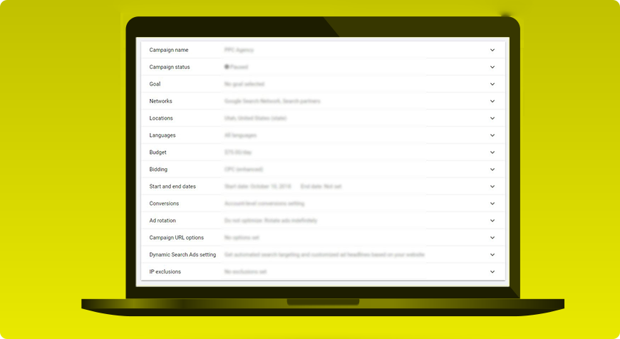 Google Ads campaign settings menu