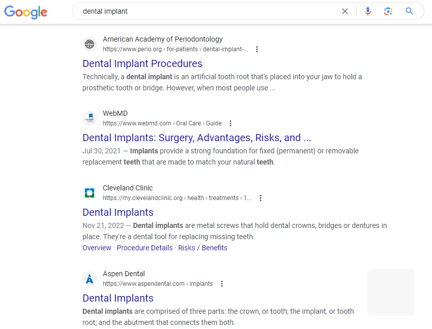 Screenshot of search results for dental implants